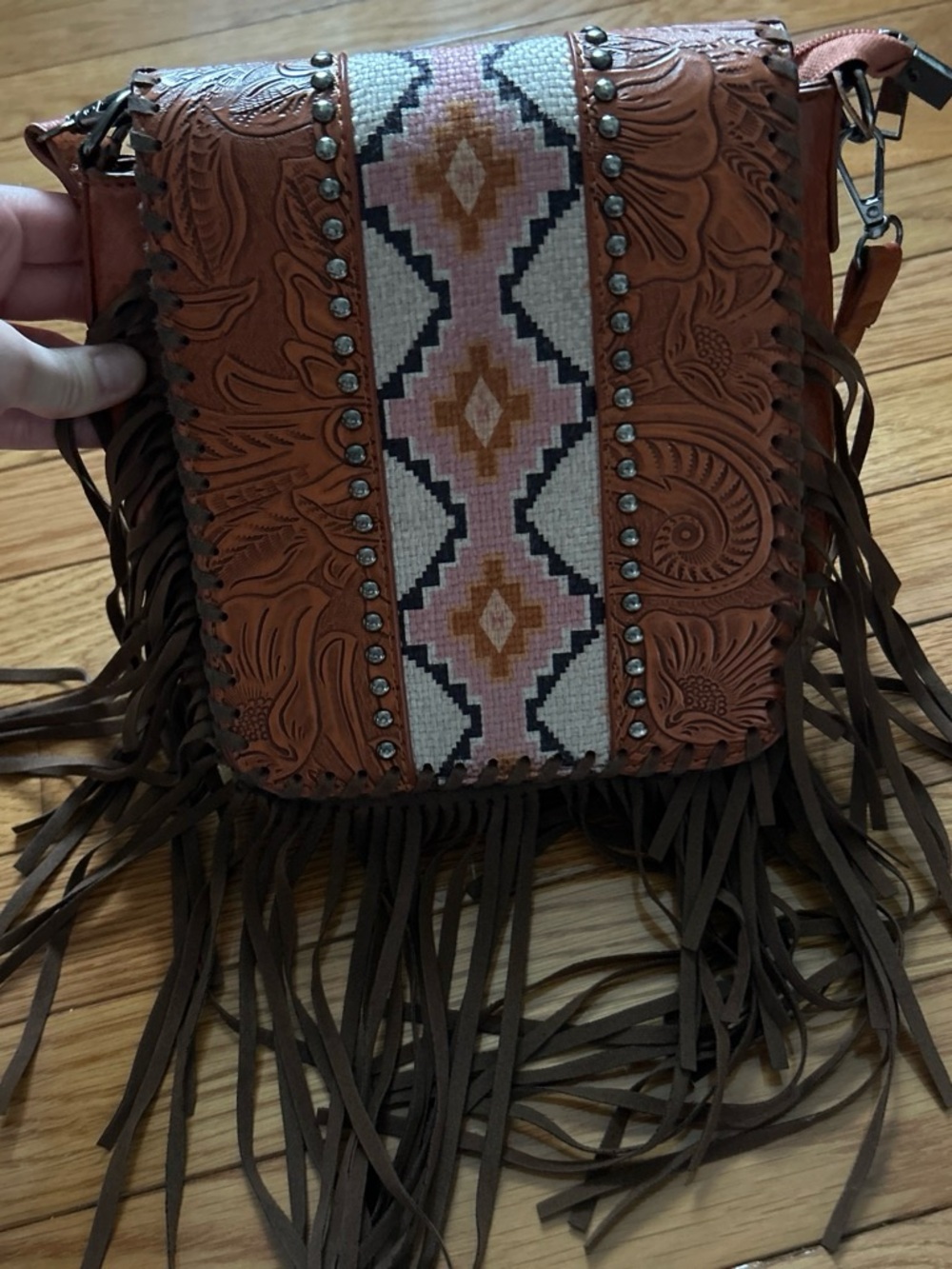 Leather and aztec print fringe crossbody purse